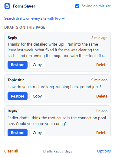 The Form Saver popup showing three saved drafts for the current page, each with Restore, Copy and Delete buttons.